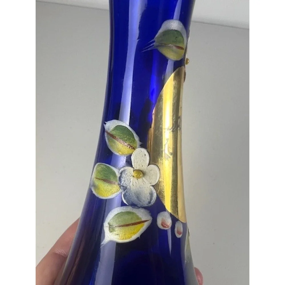 Vintage Cobalt Blue Bohemian Czech Hand Painted Bud Vase  Gold Trimmed ‎ Decor